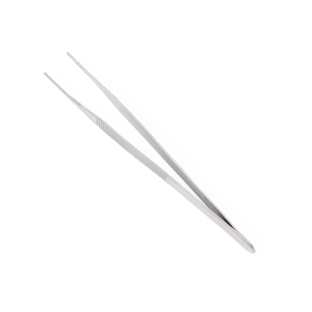The Medline Floor Grade Adson Tissue Forceps are stainless steel tweezers with a pointed tip, shown against a white background—perfect for precise handling among surgical instruments.
